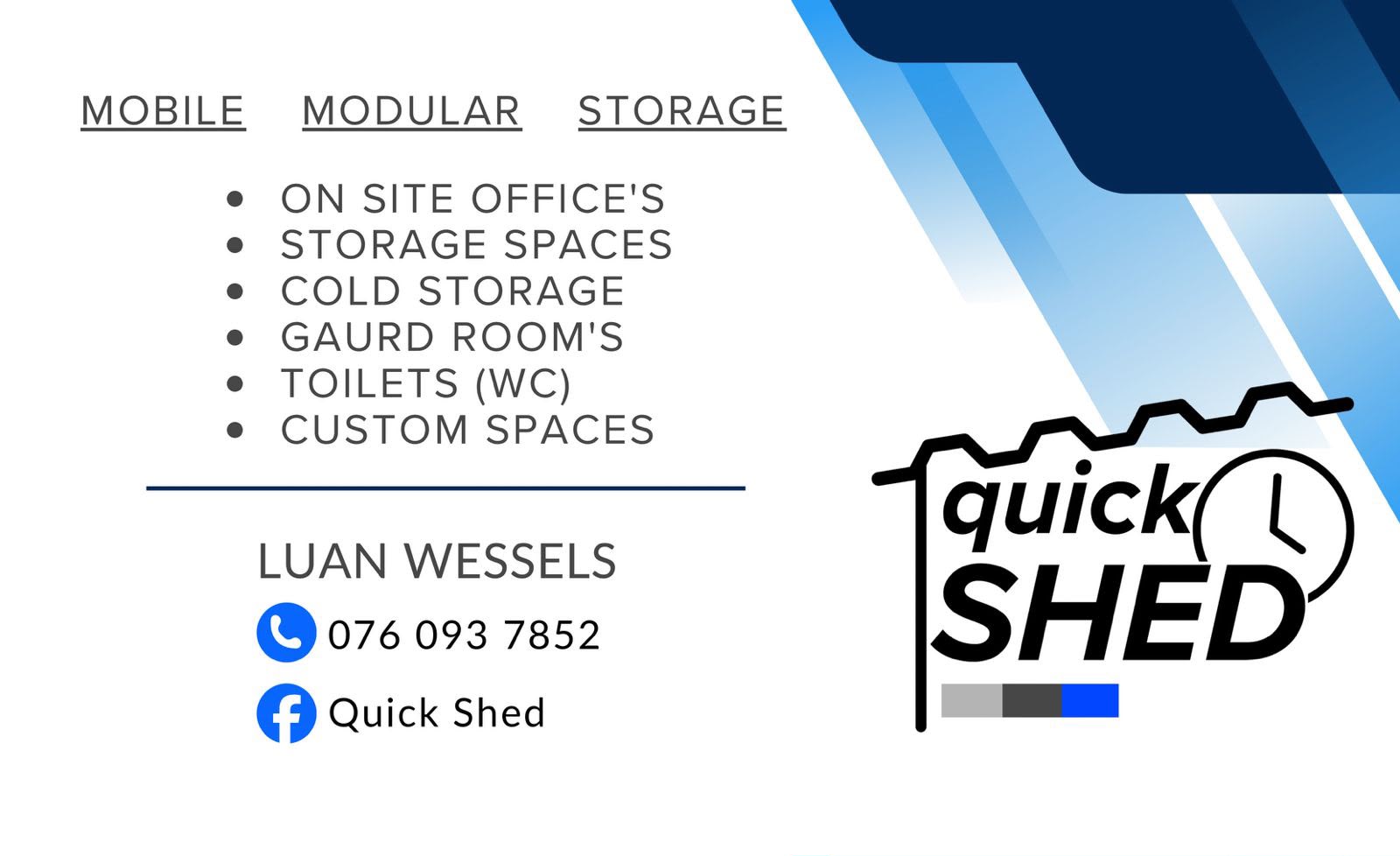 Business cards — Quick Shed — mobile modular storage card