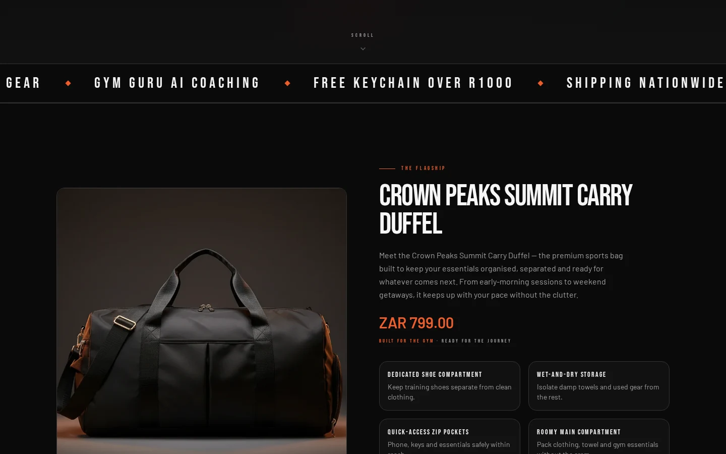 Crown Peaks — Home — Summit Carry Duffel flagship feature