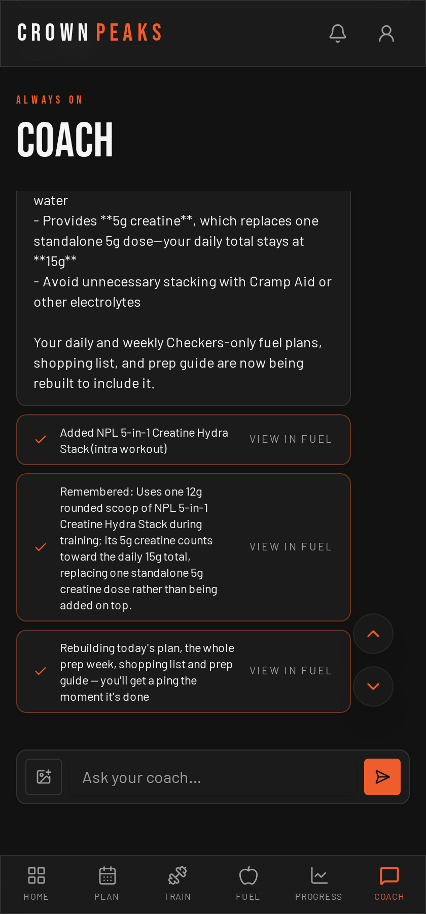 Crown Peaks Gym Guru — Coach — always-on chat that updates the plan
